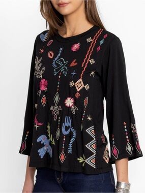 NWT JOHNNY WAS MILLEY KIMONO SLEEVE TEE Embroidered Black Cotton XL